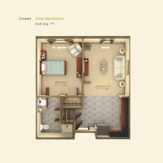 A two-bedroom apartment floor plan showcasing room layouts and furnishings.
