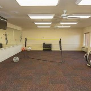 A versatile exercise room equipped with a stationary bike, basketball, and badminton net.
