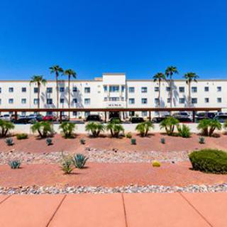 A modern building surrounded by a desert landscape with palm trees under a clear blue sky.