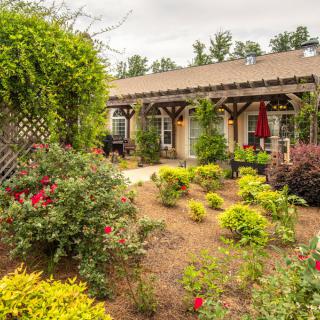 A beautifully landscaped garden with colorful flowers and shrubs surrounding a patio with a pergola.