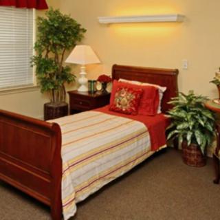 A cozy bedroom with a single wooden bed, accented by red and orange linens, a bedside lamp, and indoor plants adding a touch of greenery.