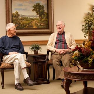 Two elderly men are sitting and having a conversation in a cozy living room setting.