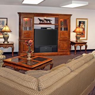 A cozy living room with a comfortable sofa, elegant coffee table, and a large cabinet housing a television. Decorative lamps and framed artwork complete the setting.