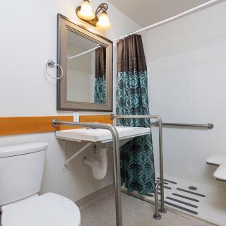 A modern, accessible bathroom with grab bars and a walk-in shower.