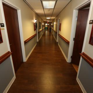 A long, well-lit hallway with doors on both sides.