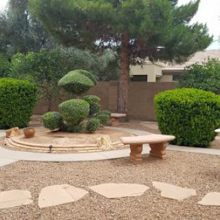 A serene garden featuring well-manicured shrubs and a decorative tree, providing a peaceful outdoor space.