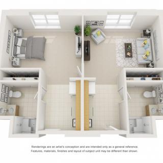A 3D floor plan of a two-bedroom apartment with separate living and kitchen areas.