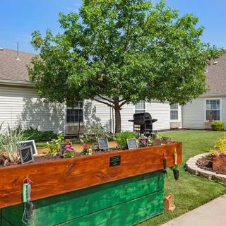 A sunny backyard featuring a raised garden bed, a large tree, and a grill next to a house.