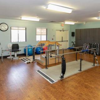 A well-equipped physical therapy room featuring parallel bars and exercise tools.