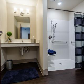A modern and clean bathroom with a walk-in shower and sleek vanity.