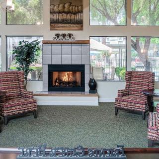 A cozy living room with a fireplace and two armchairs, surrounded by large windows.