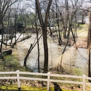 A flooded river surrounded by trees and a white fence.