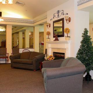 A cozy living room with sofas, a fireplace, and decorative elements.