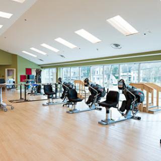 A bright and spacious gym area equipped with various exercise machines, perfect for fitness and rehabilitation.