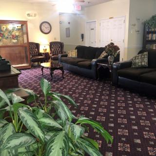 A cozy lobby with comfortable seating, a patterned carpet, and decorative indoor plants.
