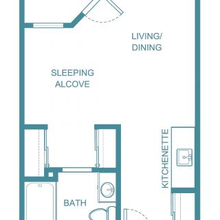 Studio apartment floor plan showing living/dining area, sleeping alcove, bath, and kitchenette.