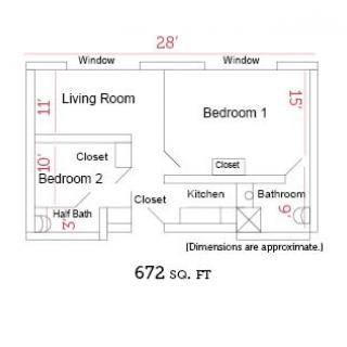 A floor plan of a 672 sq. ft. apartment with two bedrooms, a living room, kitchen, and bathroom.