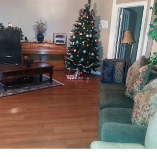 A cozy living room decorated for the holidays with a Christmas tree and comfortable seating.