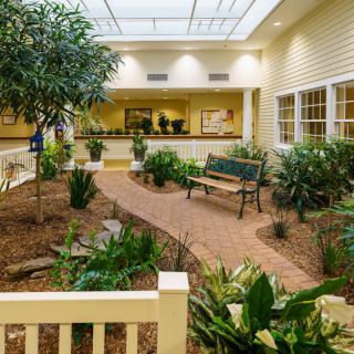 An inviting indoor garden space with a bench and pathway, illuminated by a skylight.