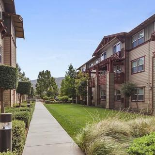 A modern apartment complex with neatly maintained landscaping and a central pathway.