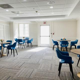 A modern dining room with blue chairs and natural lighting.