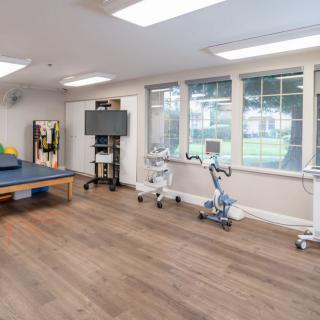 A bright physical therapy room equipped with exercise machines and ample natural light from large windows.