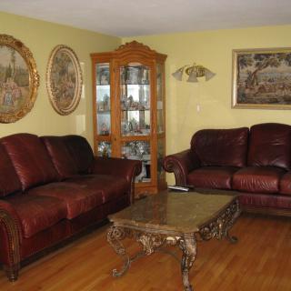 A cozy living room featuring leather sofas, a decorative coffee table, and a glass cabinet.