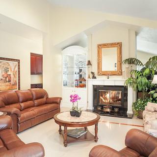A cozy living room with leather sofas, a fireplace, and elegant decor.