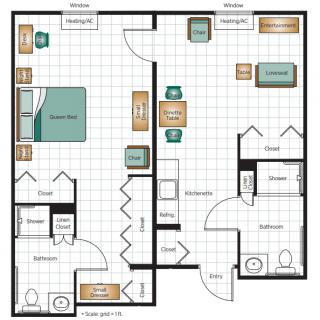 A floor plan illustration showing the layout of an apartment with designated areas for a bedroom, living room, kitchen, and bathroom.