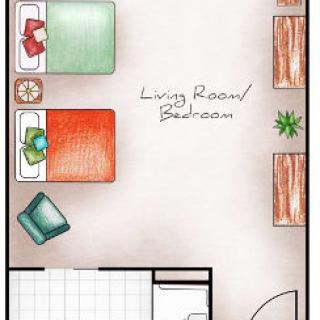 A simple floor plan of a studio apartment showing the layout of the living room and bedroom areas.