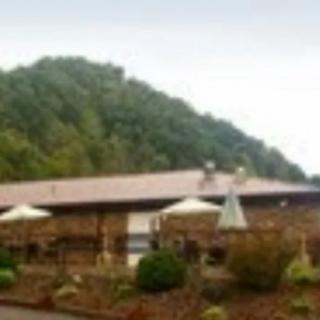 A building surrounded by lush greenery and trees.