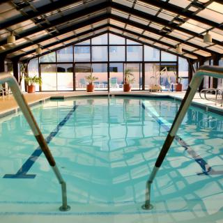 An indoor swimming pool with a glass roof letting in sunlight.