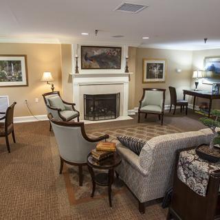 A cozy living room interior with elegant furniture and a central fireplace.