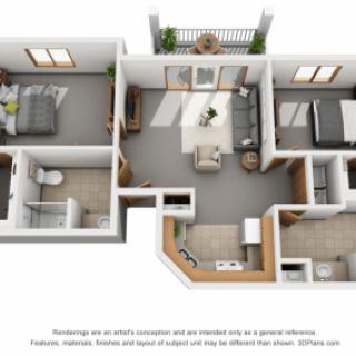 A 3D floor plan of a two-bedroom apartment, featuring a living area, kitchen, bathroom, and private balcony.