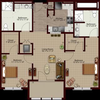 A detailed floor plan of an apartment featuring multiple rooms and amenities.