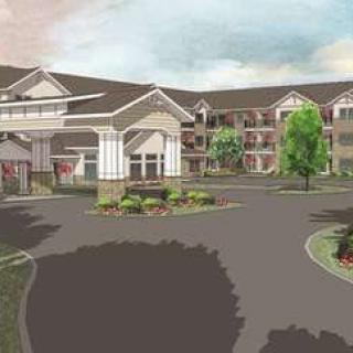 Architectural illustration of a residential building with surrounding landscape.