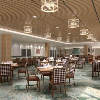 A modern restaurant dining area with elegant lighting and beautifully arranged tables and chairs.