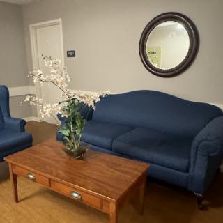 A cozy living room setup featuring blue sofas, a wooden coffee table, and decorative accents.