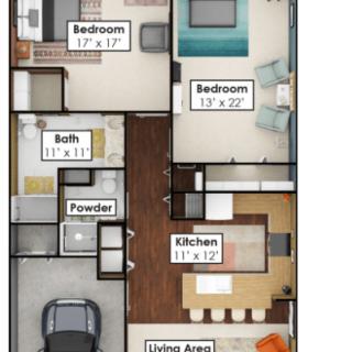 A floor plan of a two-bedroom apartment, including living areas, kitchen, bath, and powder room.
