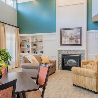 A cozy living room featuring a fireplace, comfortable seating, built-in bookshelves, and decorative accents.