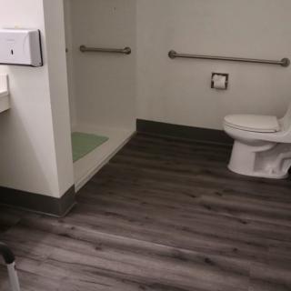 An accessible bathroom with grab bars and modern flooring.