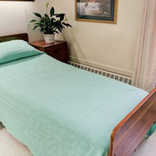 A neatly made bed with a green blanket, accompanied by a potted plant and framed artwork on the wall.