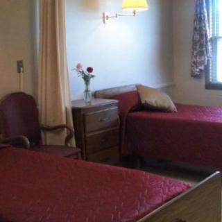 A cozy bedroom with two single beds, a nightstand holding flowers, and curtains on the window.