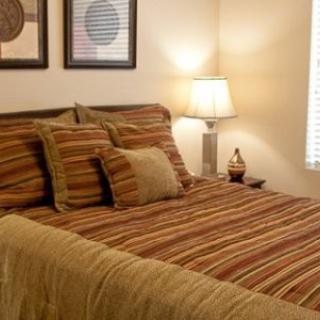 A cozy bedroom with striped bedding, decorative pillows, and a lamp on the nightstand.
