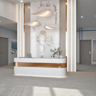 A modern and minimalist reception lobby featuring elegant design elements.