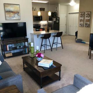 A modern open-plan living room and kitchen with contemporary furniture and decor.
