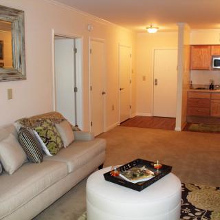 A cozy living room with a sofa, coffee table, and a kitchenette in the background.