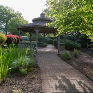 A tranquil garden scene with a pathway leading to a gazebo surrounded by lush greenery.