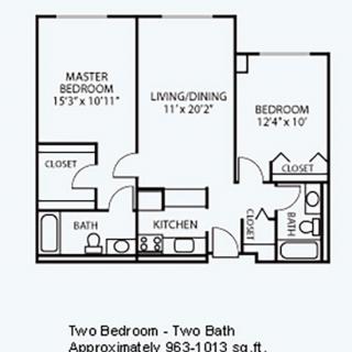 A floor plan showcasing a two-bedroom, two-bath apartment layout with a living/dining area and kitchen.