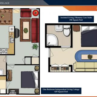 Floor plan of a two-bedroom apartment with living room, kitchen, and bathroom.